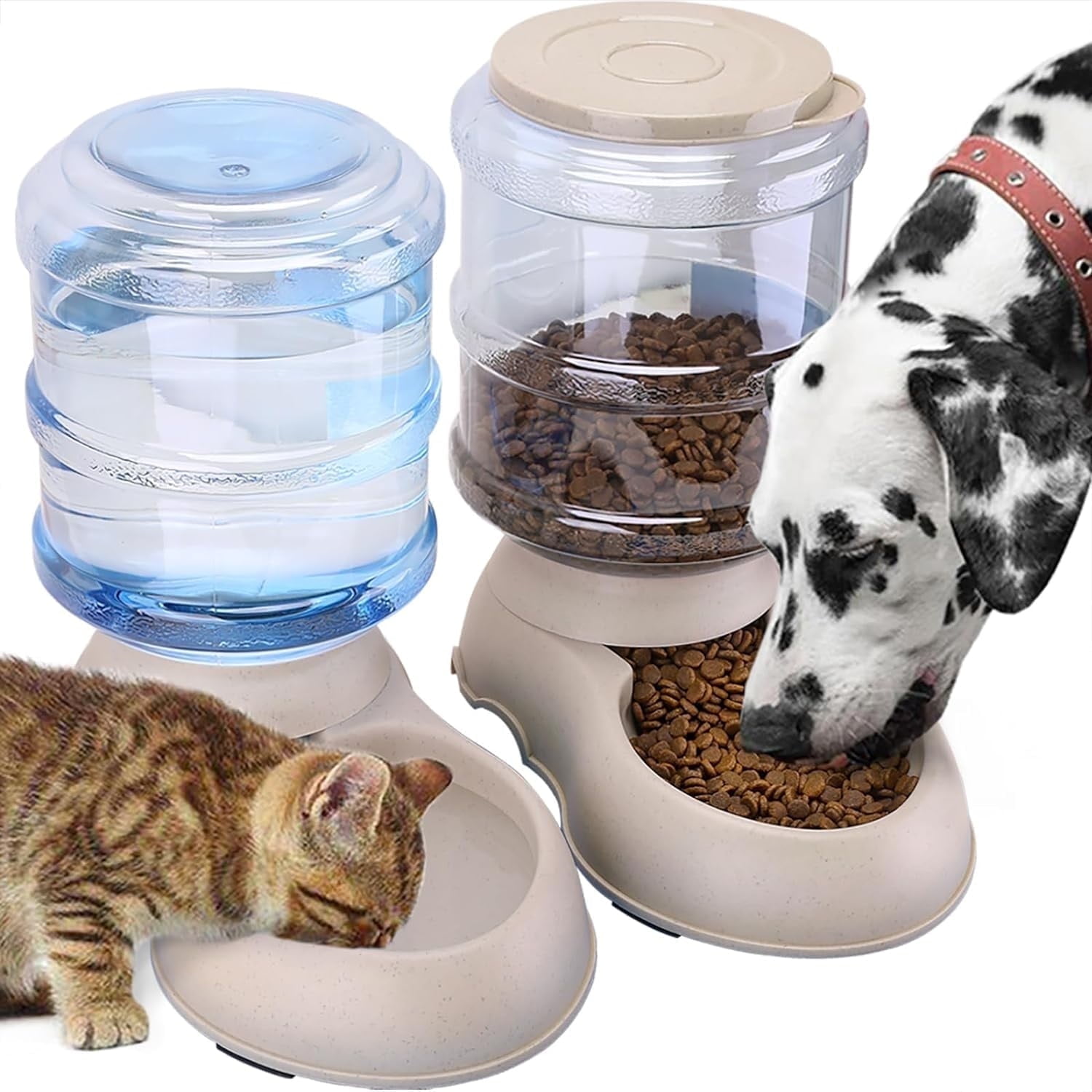 2 Pack Automatic Cat Feeder and Water Dispenser in Set Pet Food Bowl for Small Medium Dog Pets Puppy Kitten Big Capacity 1 Gallon x 2 (Cream)