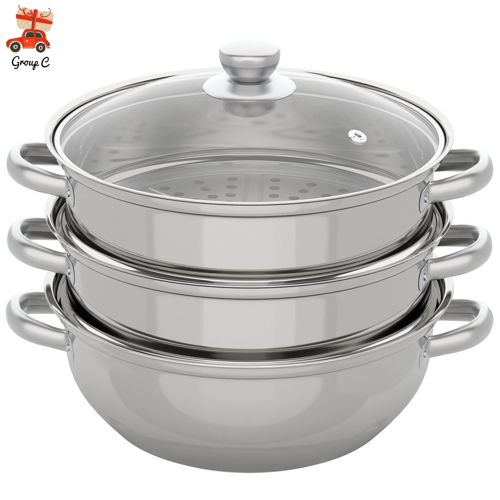 DENEST 3 Tier Food Steamer Cooker Hot Pot Stainless Steel For Dumpling Vegetable Meat