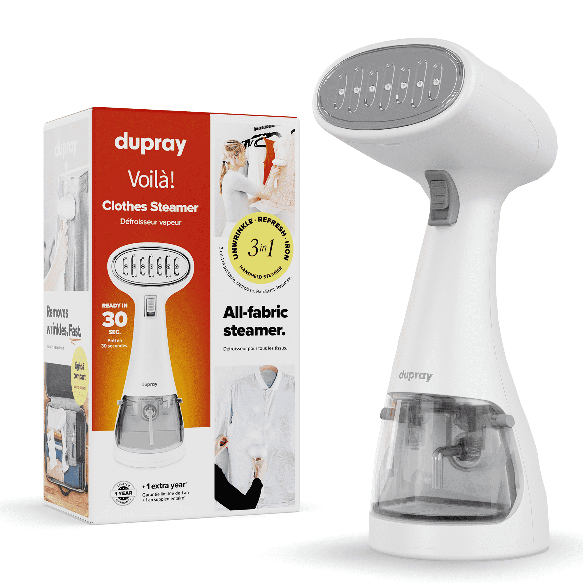 Dupray Voila 3-in-1 Handheld Garment Steamer, Portable Travel Clothes Steamer, White