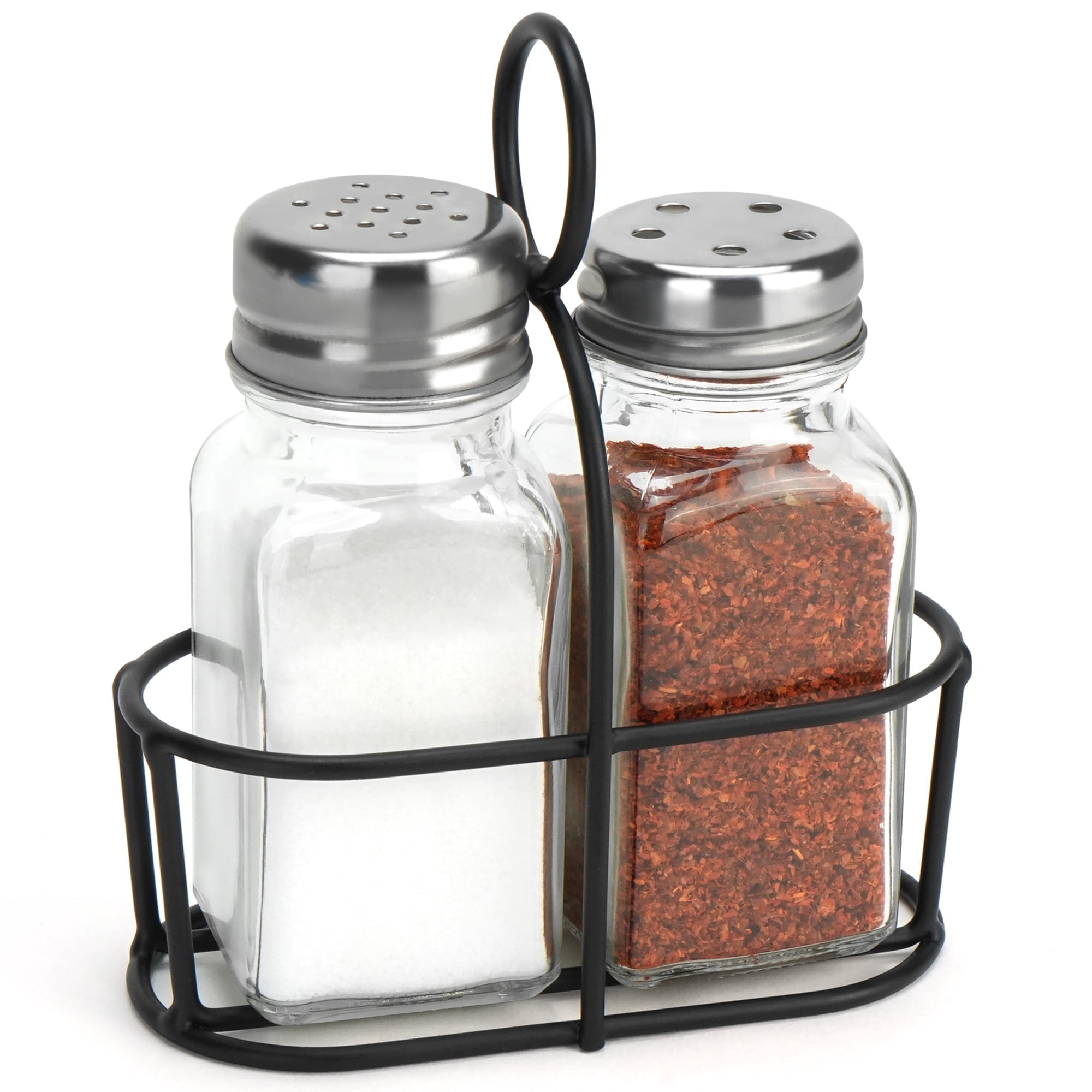 LotFancy Farmhouse Salt and Pepper Shakers Set with Lid, Glass Bottles with Galvanized Caddy Holder